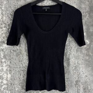 Rag & Bone Size XS Ribbed Scoop Neck Top Black Short Sleeve Pullover Cotton